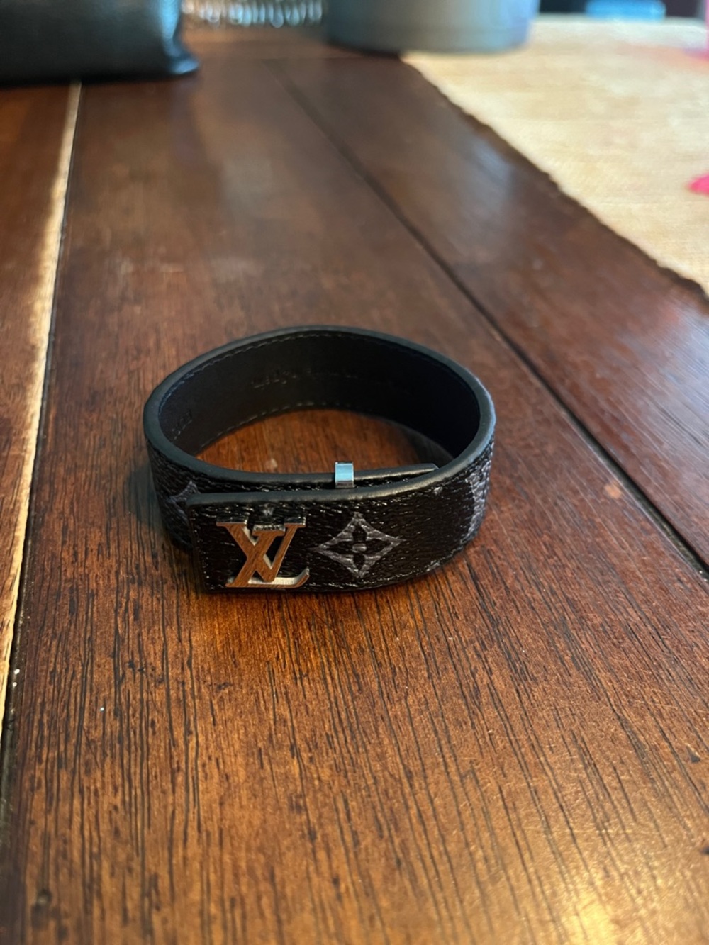 Louis Vuitton Black Monogram Canvas Bracelet with Gold LV Accent